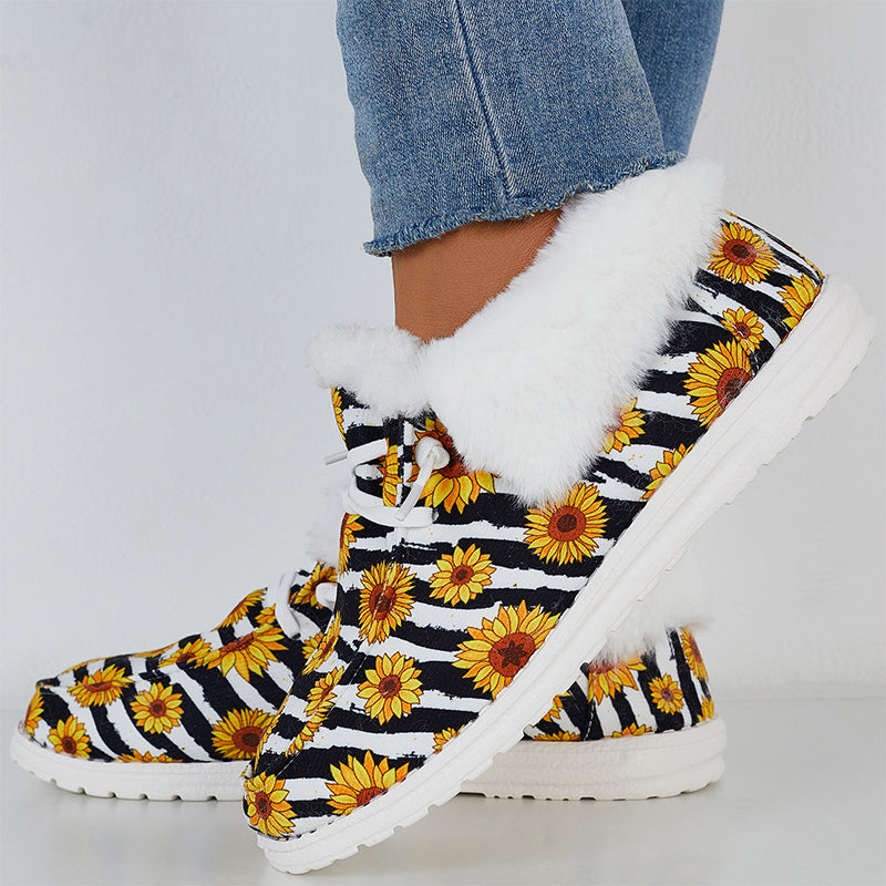 Sunflower Print Warm Flats Fur Lining Ankle Snow Boots