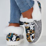 Print Splicing Winter Flats Slip on Loafers Warm Fur Lined Ankle Boots