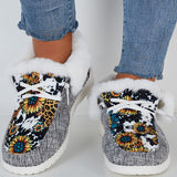 Print Splicing Winter Flats Slip on Loafers Warm Fur Lined Ankle Boots