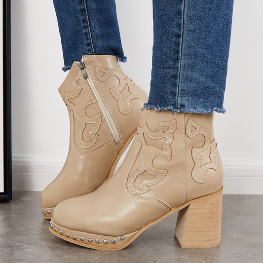 Embroidery Rivet Platform Chunky Heel Booties Western Cowgirl Ankle Boots