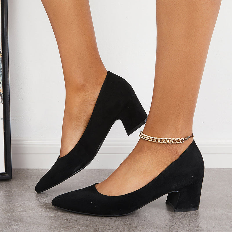 Women  Chunky Low Block Heels Closed Toe Dress Pumps Shoes