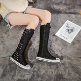 Canvas Dance Boots Knee High Boots Lace Up Knee High Zip Boots