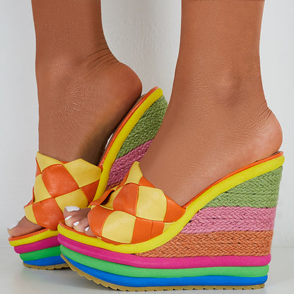 Braided Plaid Espadrille Platform Wedges Sponge Cake Slide Sandals