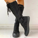 Lace Up Canvas Knee High Zip Boots Girls Fancy School Shoes