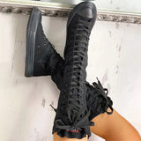 Lace Up Canvas Knee High Zip Boots Girls Fancy School Shoes