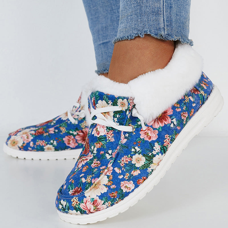 Plush Floral Print Warm Flats Fur Lining Ankle Snow Boots