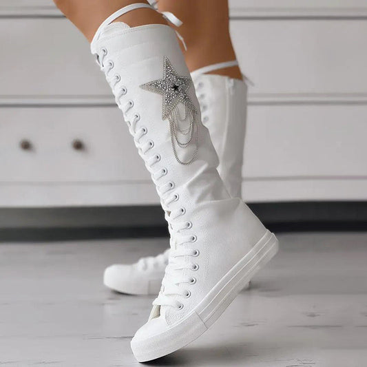 Rhinestone Star Lace Up Canvas Boots Knee High Sneakers Combat Boots