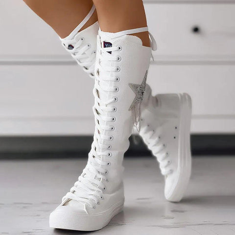 Rhinestone Star Lace Up Canvas Boots Knee High Sneakers Combat Boots