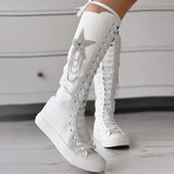 Rhinestone Star Lace Up Canvas Boots Knee High Sneakers Combat Boots