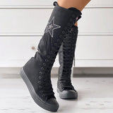 Rhinestone Star Lace Up Canvas Boots Knee High Sneakers Combat Boots