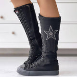 Rhinestone Star Lace Up Canvas Boots Knee High Sneakers Combat Boots