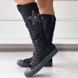 Rhinestone Star Lace Up Canvas Boots Knee High Sneakers Combat Boots