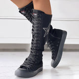 Rhinestone Star Lace Up Canvas Boots Knee High Sneakers Combat Boots