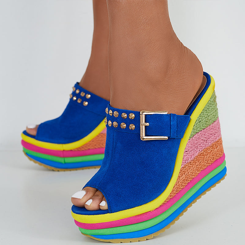 Rainbow Platform Wedge Slides Peep Toe Slip on Espadrille Heel Sandals