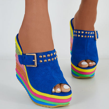 Rainbow Platform Wedge Slides Peep Toe Slip on Espadrille Heel Sandals