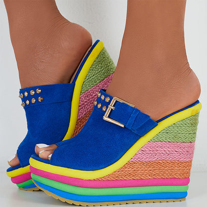 Rainbow Platform Wedge Slides Peep Toe Slip on Espadrille Heel Sandals