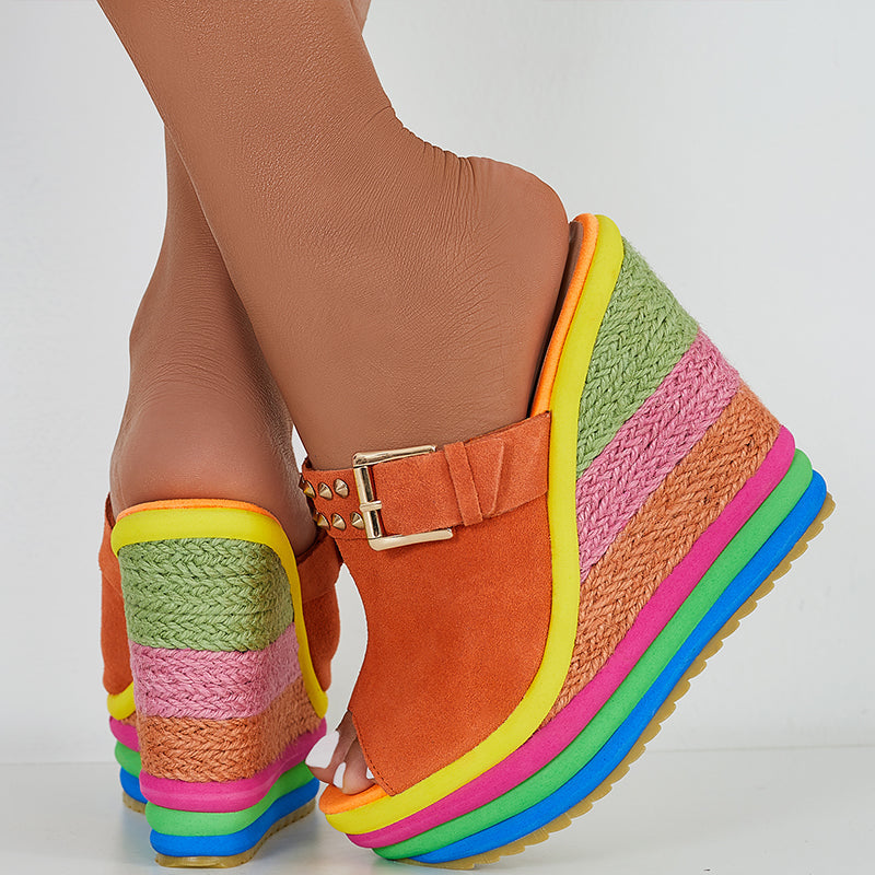 Rainbow Platform Wedge Slides Peep Toe Slip on Espadrille Heel Sandals