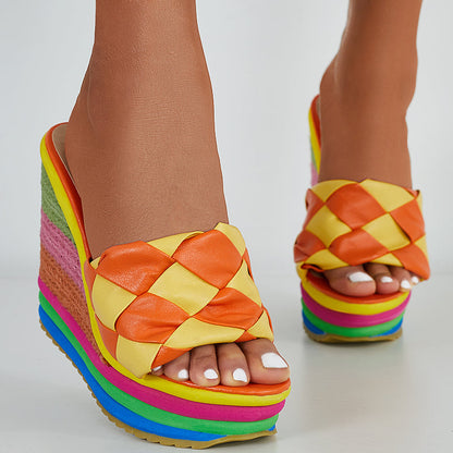 Braided Plaid Espadrille Platform Wedges Sponge Cake Slide Sandals