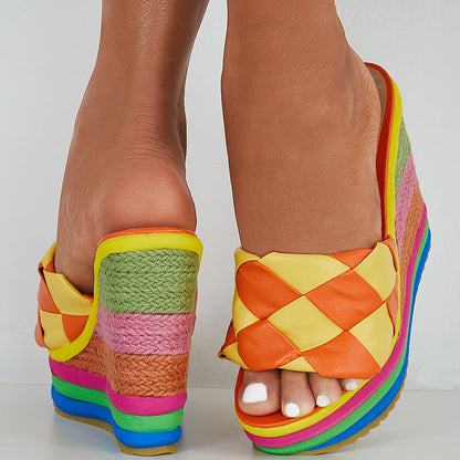 Braided Plaid Espadrille Platform Wedges Sponge Cake Slide Sandals