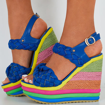 Straw Ankle Strap Platform Wedges Super High Heel Rainbow Sandals