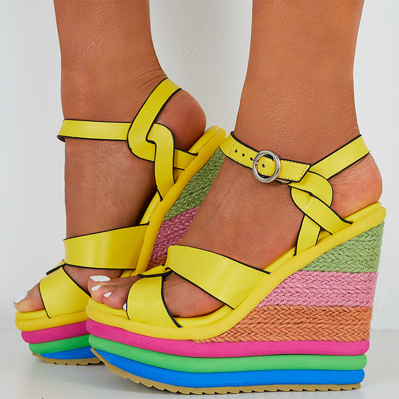 Crisscross Ankle Strap Espadrilles Rainbow Platform Wedge Sandals