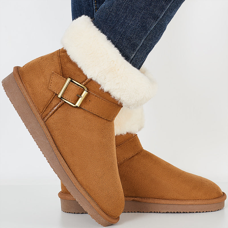 Warm Fur Lined Ankle Snow Boots Side Buckle Winter Booties