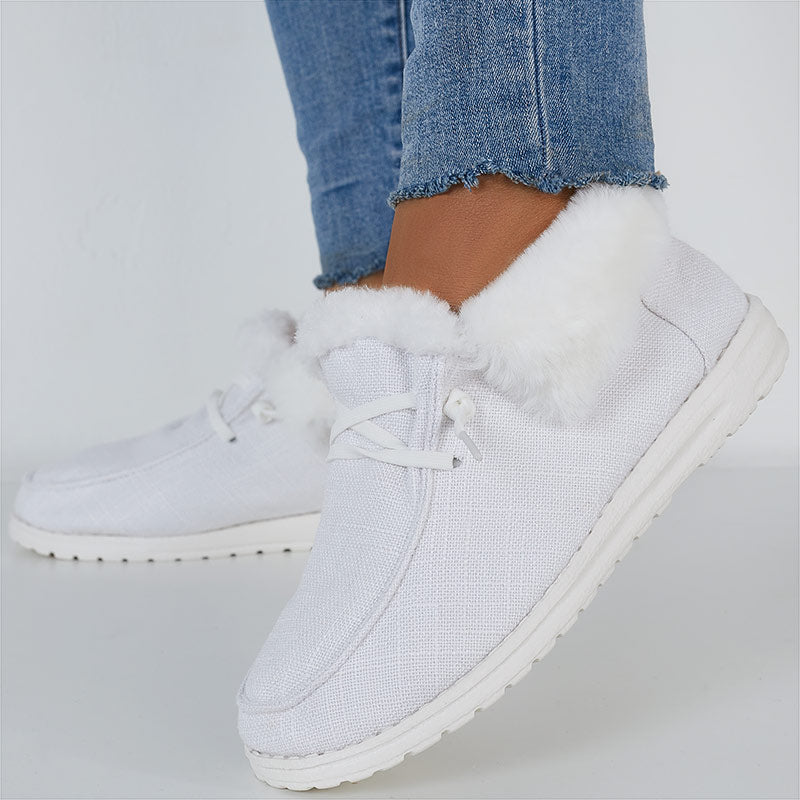 White Warm Flats Lace Up Snow Boots Faux Fur Lined Loafer Shoes