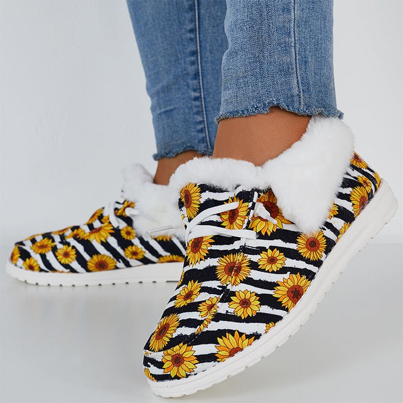 Sunflower Print Warm Flats Fur Lining Ankle Snow Boots