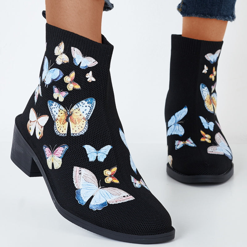 Round Toe Knitted Elastic Booties Pull on Block Heel Ankle Boots