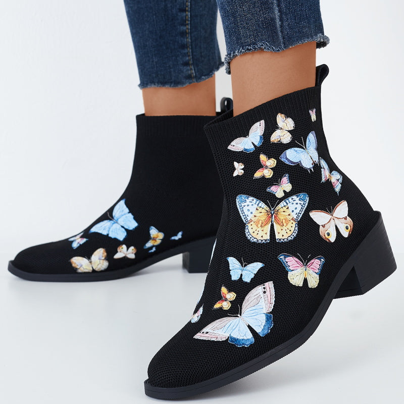 Round Toe Knitted Elastic Booties Pull on Block Heel Ankle Boots