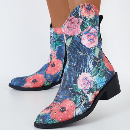 Floral Western Ankle Cowboy Boots Pull on Chunky Heel Booties