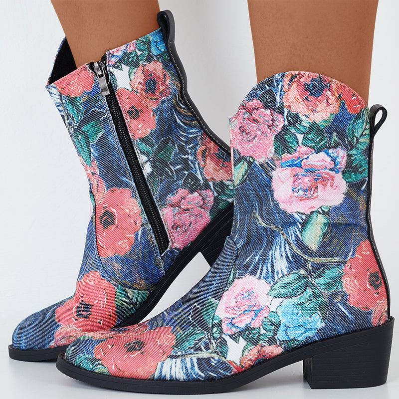 Floral Western Ankle Cowboy Boots Pull on Chunky Heel Booties