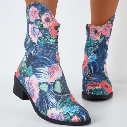 Floral Western Ankle Cowboy Boots Pull on Chunky Heel Booties