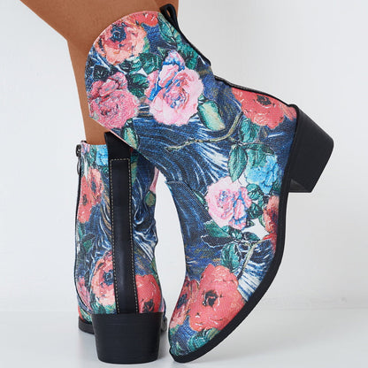 Floral Western Ankle Cowboy Boots Pull on Chunky Heel Booties