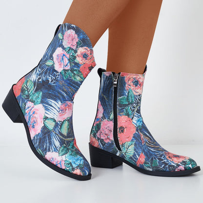 Floral Western Ankle Cowboy Boots Pull on Chunky Heel Booties