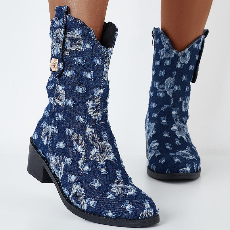 Denim Round Toe Chunky Heel Ankle Boots Western Cowboy Booties
