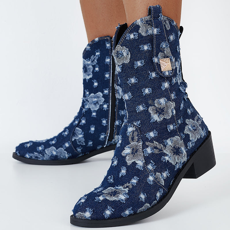 Denim Round Toe Chunky Heel Ankle Boots Western Cowboy Booties