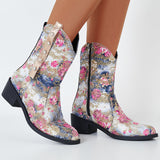 Floral Western Cowboy Booties Chunky Heel Cowgirl Boots