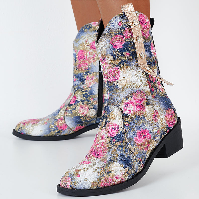 Floral Western Cowboy Booties Chunky Heel Cowgirl Boots