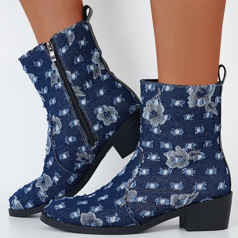 Denim Western Cowboy Boots Chunky Block Heel Ankle Boots Short Booties