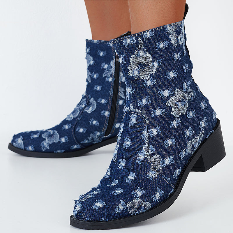 Denim Western Cowboy Boots Chunky Block Heel Ankle Boots Short Booties