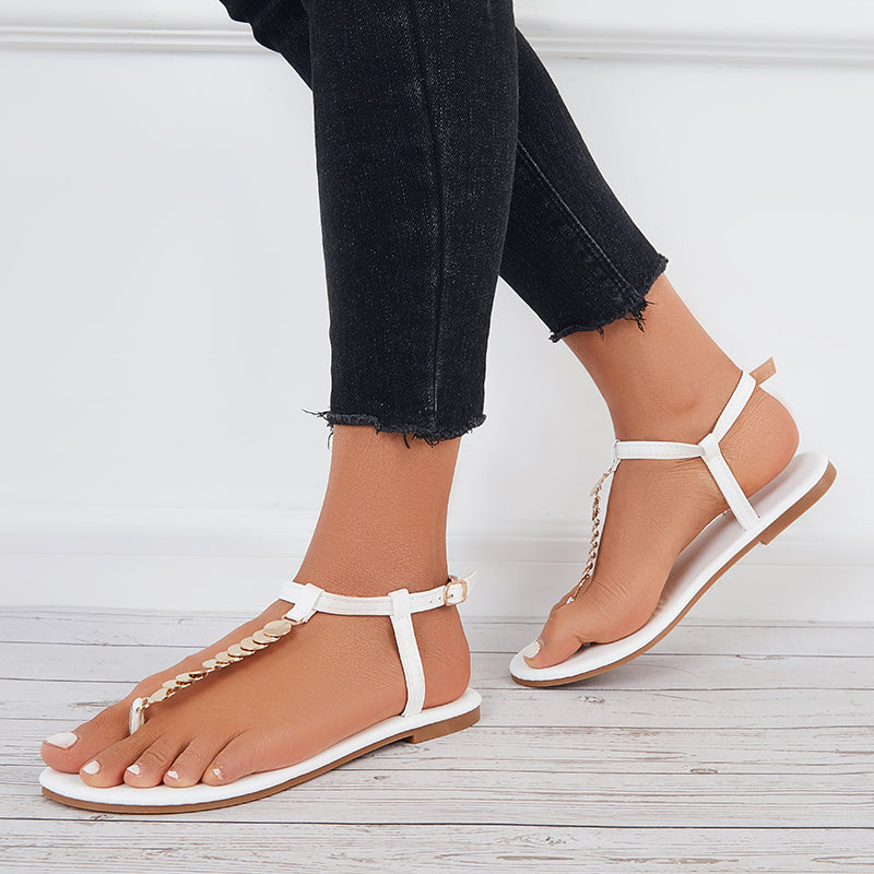 Women Ankle Strap Flat Sandals Metal T-Strap Flip Flops Sandals