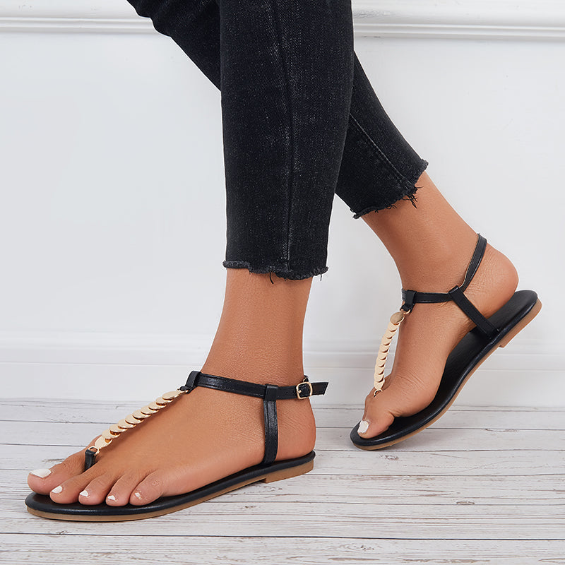 Women Ankle Strap Flat Sandals Metal T-Strap Flip Flops Sandals