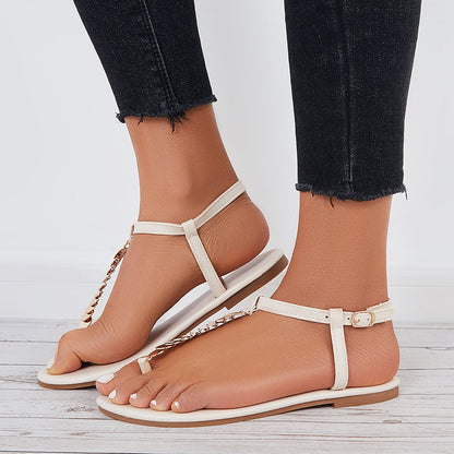 Women Ankle Strap Flat Sandals Metal T-Strap Flip Flops Sandals