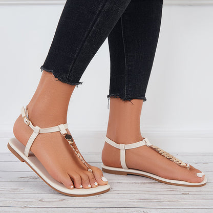 Women Ankle Strap Flat Sandals Metal T-Strap Flip Flops Sandals