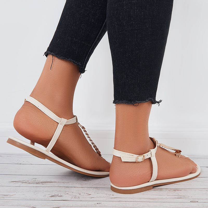 Women Ankle Strap Flat Sandals Metal T-Strap Flip Flops Sandals