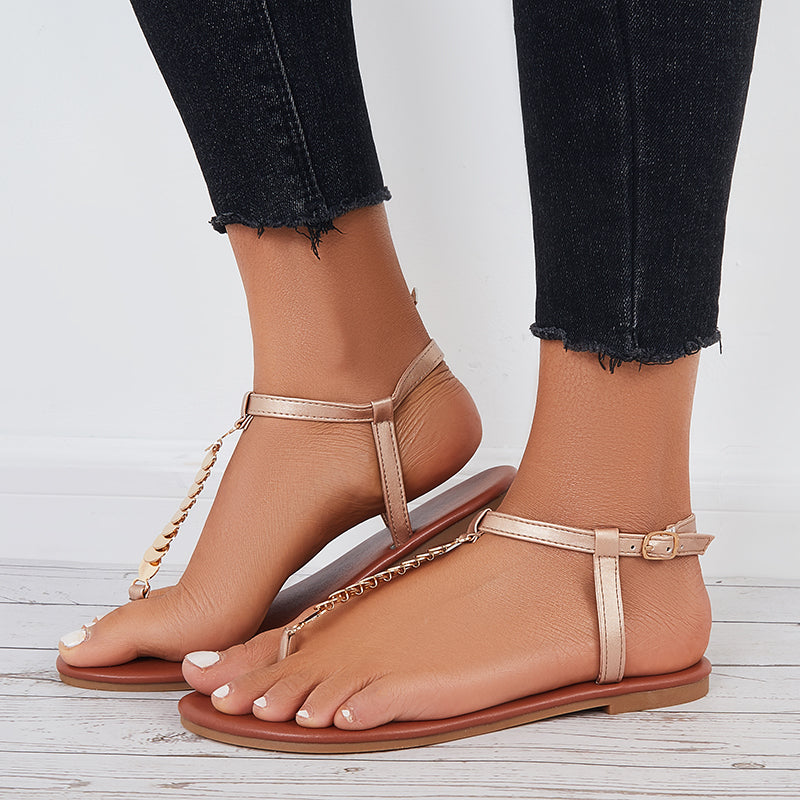 Women Ankle Strap Flat Sandals Metal T-Strap Flip Flops Sandals