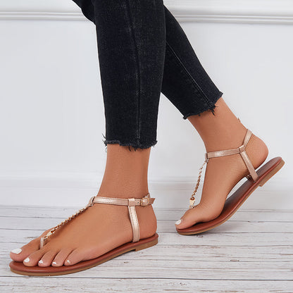 Women Ankle Strap Flat Sandals Metal T-Strap Flip Flops Sandals