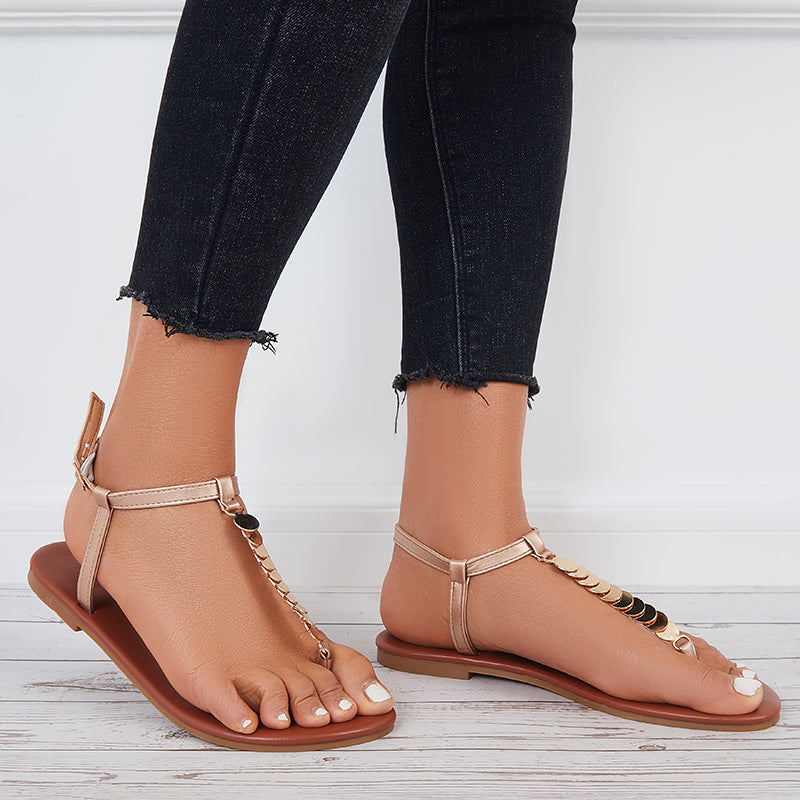 Women Ankle Strap Flat Sandals Metal T-Strap Flip Flops Sandals