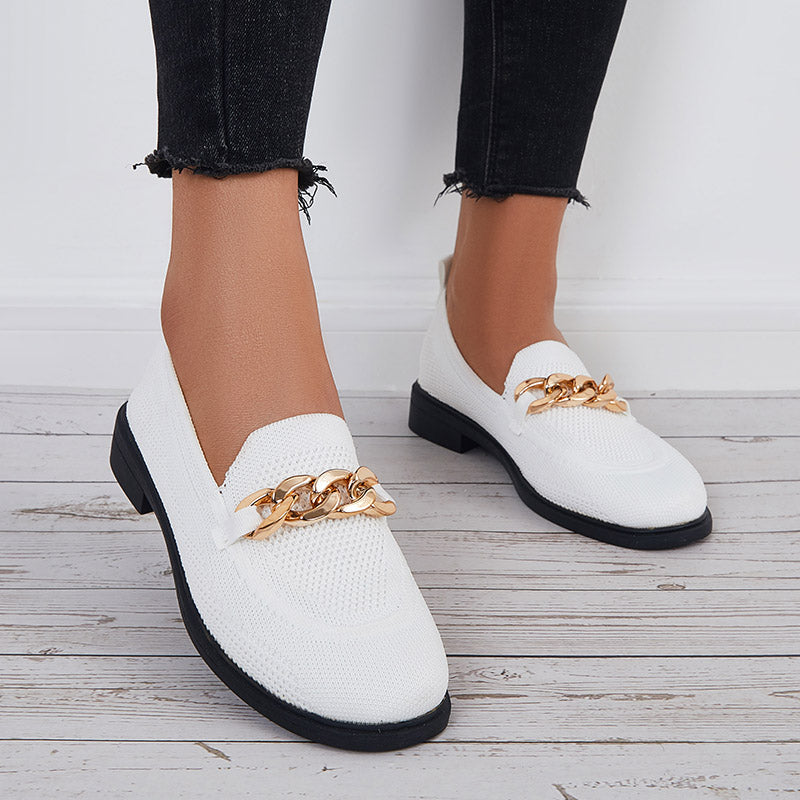 Women Chain Decor Knit Loafers Slip on Block Low Heel Shoes